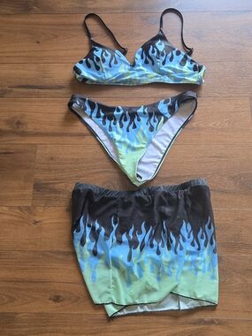 Blue & Green Flame Bikini Set with Matching Shorts